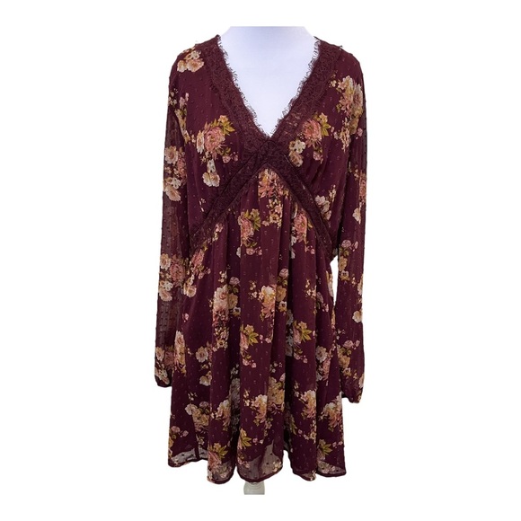 Floral Burgundy Dress with Lace Trim XL - Picture 1 of 9